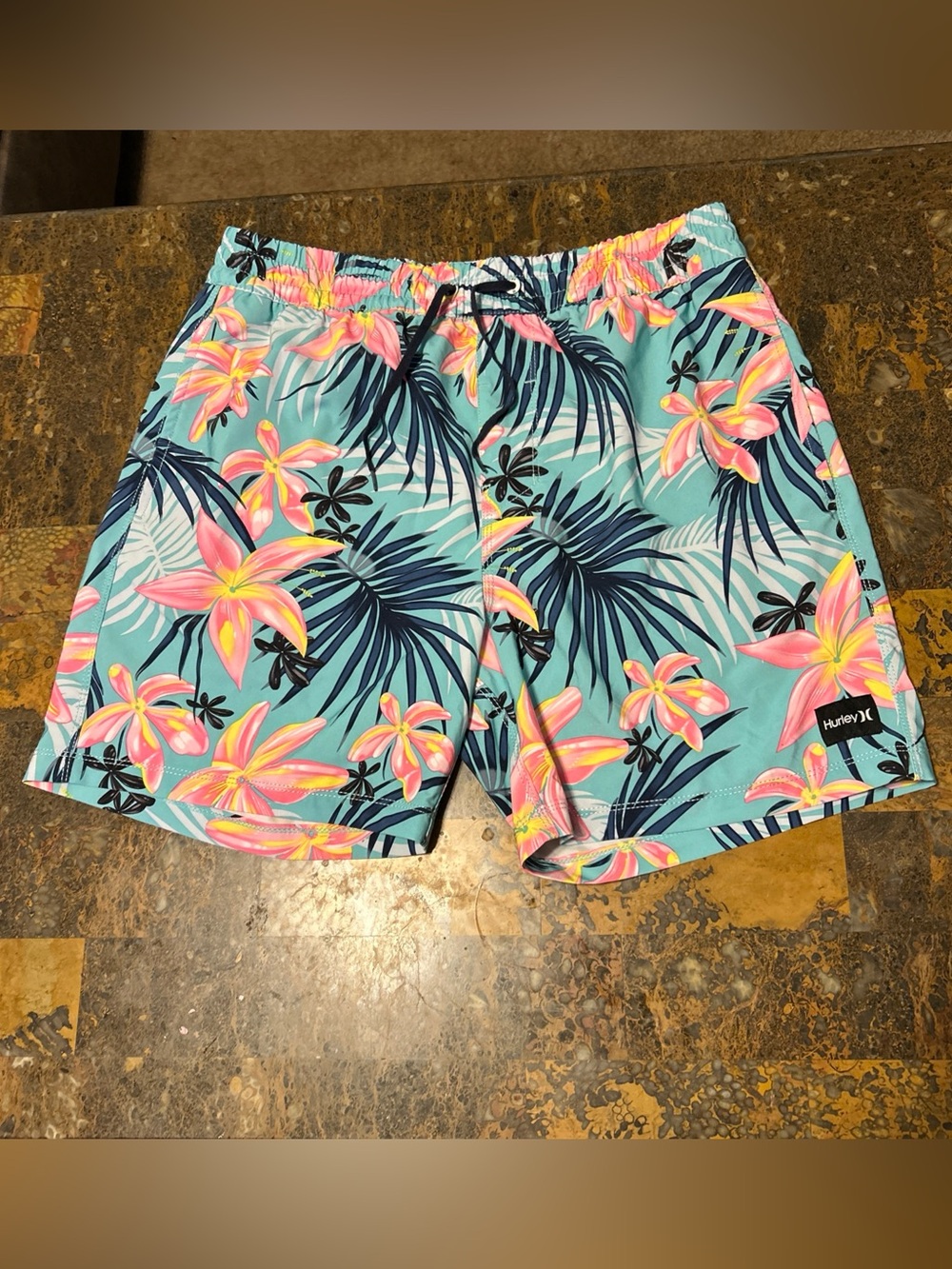 Hurley Mens Block Party Boardshorts Light Blue Hawaiian Size Medium W/3 Pockets
